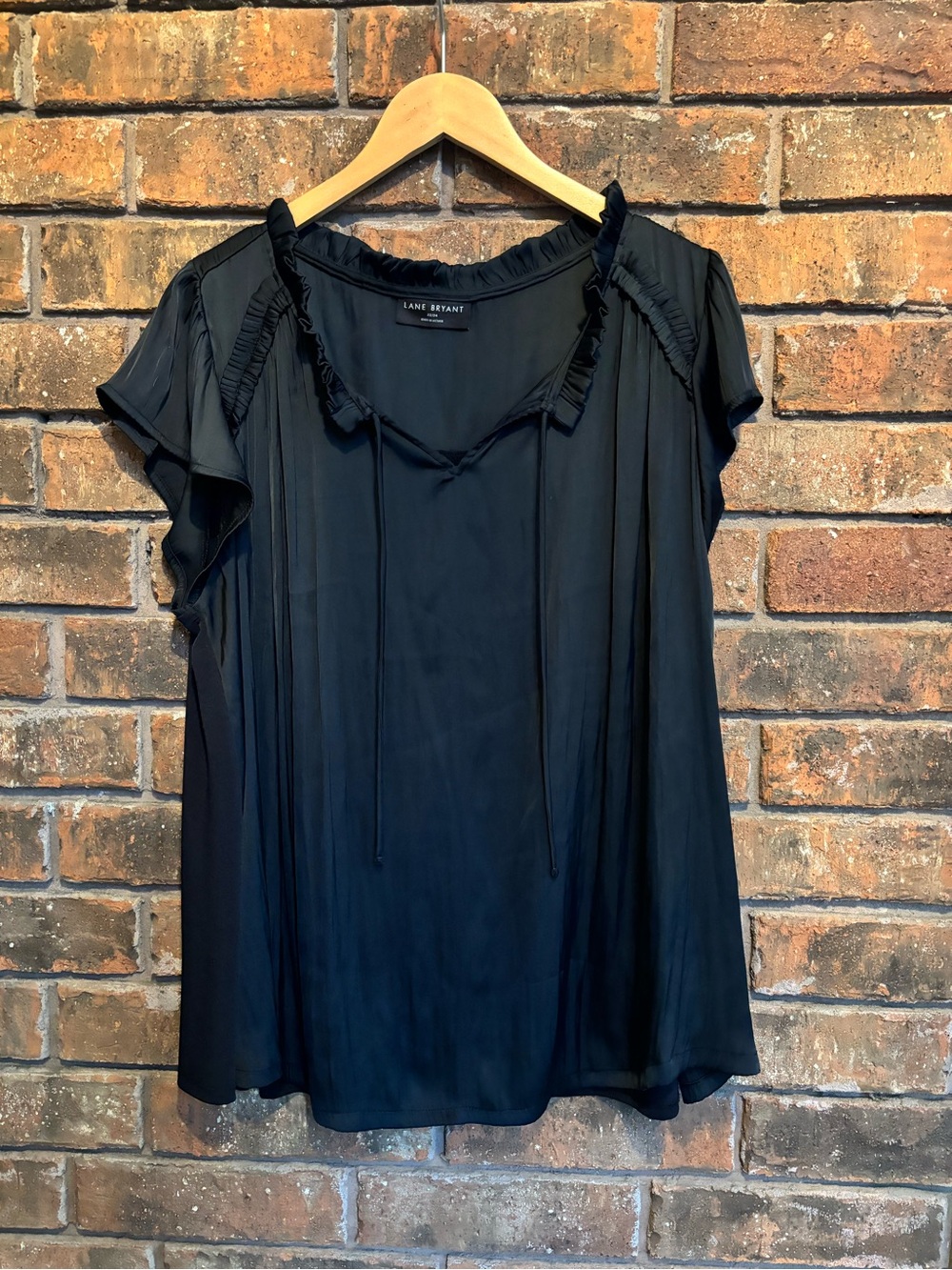 Lane Bryant Black Ruffle-Trim Tie-Neck Blouse